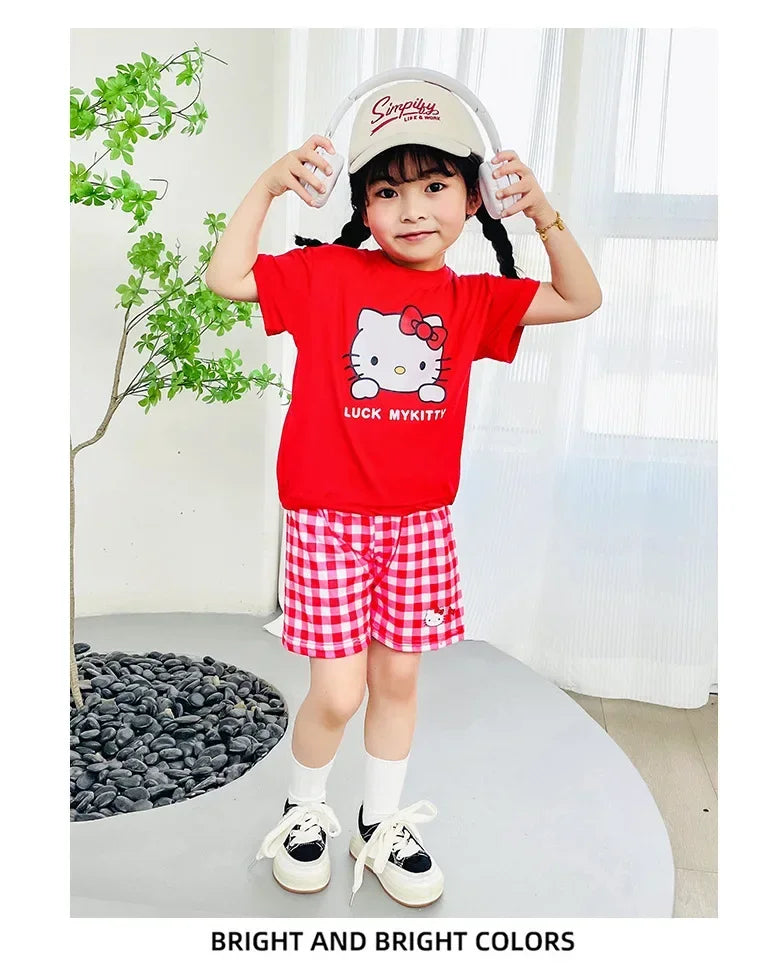 Kids Boys Girls Summer Cartoon Print Short Sleeve T-Shirt Tops with Shorts Toddler Baby Clothing Sets Kitty Kuromi Kids Outfits