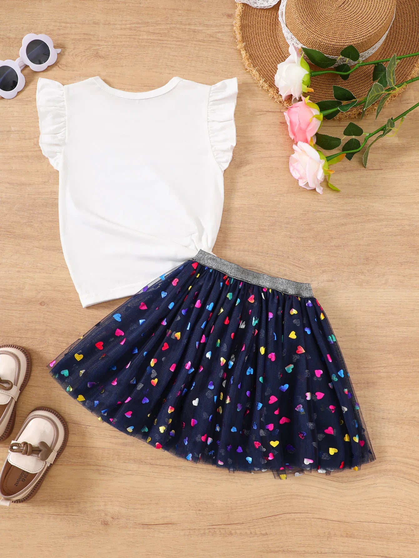 Summer toddler Girls' Clothing Sets Heart Print Short-Sleeved Tops Colorful hearts Tutu Skirt 2Pcs Outfits Valentine's Day Gift
