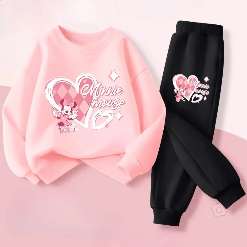 Pink Series Minnie Print Spring New Children's Clothing Sets Girls Long Sleeved Pullover Pants 2pcs Suit Kids Casual Sweatsuit