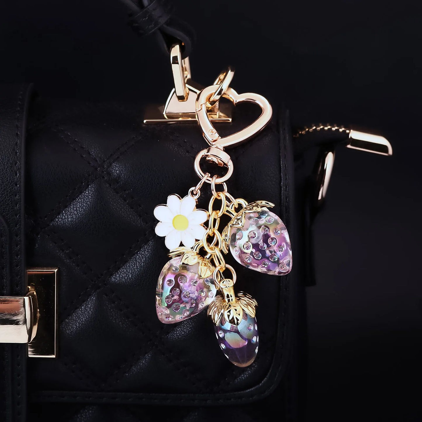 Cute Strawberry Bag Pendant Keychain Kawaii Heart Flower Daisy Key Chain for Women Girs Bag Purse Pendant Accessories Gift