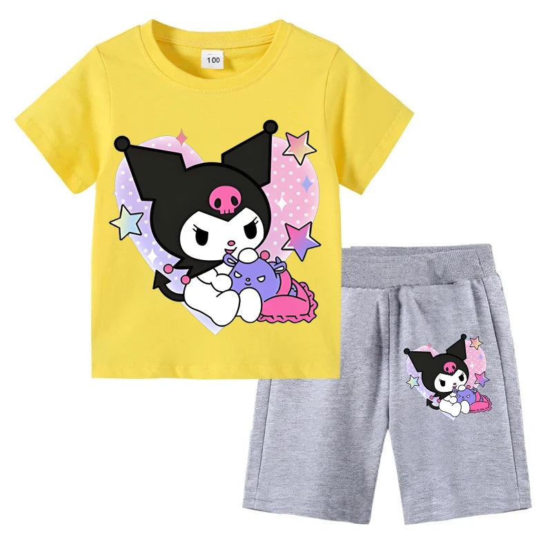 Sanrio Children's T-shirts Set Kuromi Printed Girls Summer Trend Baby Short Sleeve Shorts Two-piece Set Kids Outfits