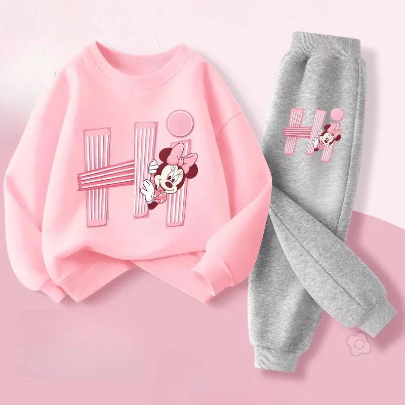 Pink Series Minnie Print Spring New Children's Clothing Sets Girls Long Sleeved Pullover Pants 2pcs Suit Kids Casual Sweatsuit