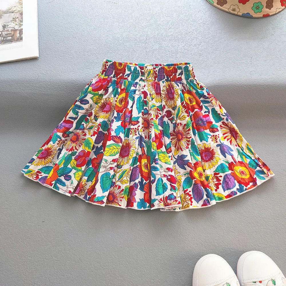 Kids Girls Cotton Print Princess Pleated Skirt Sweet Big Kids Girls Tutu Skirts Elastic Waist Mini Skirt Clothes For Girls
