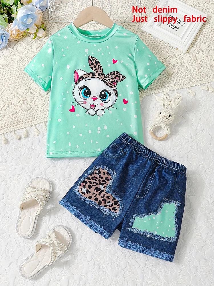 2pcs Summer Girls' Short-sleeved Casual Holiday Bow Kitten Print Children's Suit