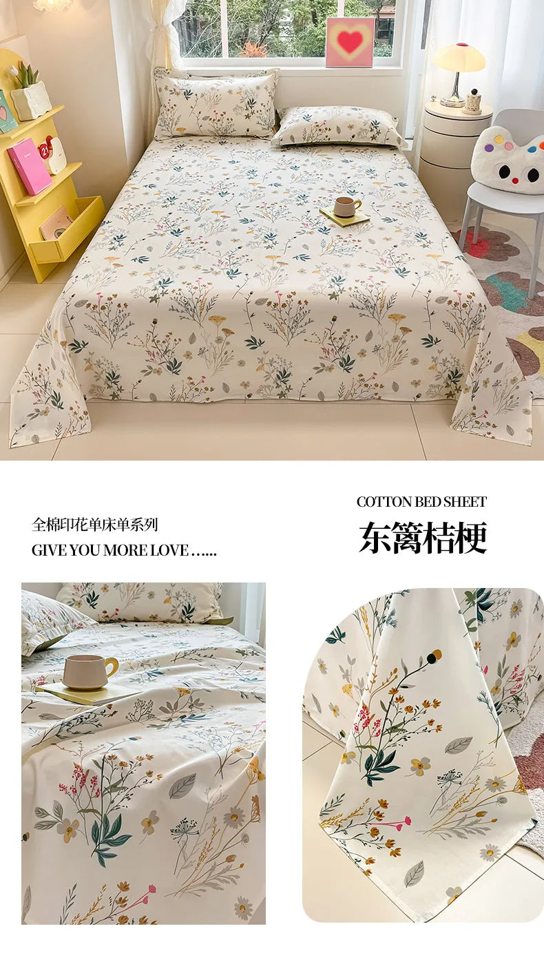 1pcs 100% Cotton Bed Sheet Flower Series Printed Double Top King Sheets for Girls Boys Kids Single Queen King Size Bed Linen