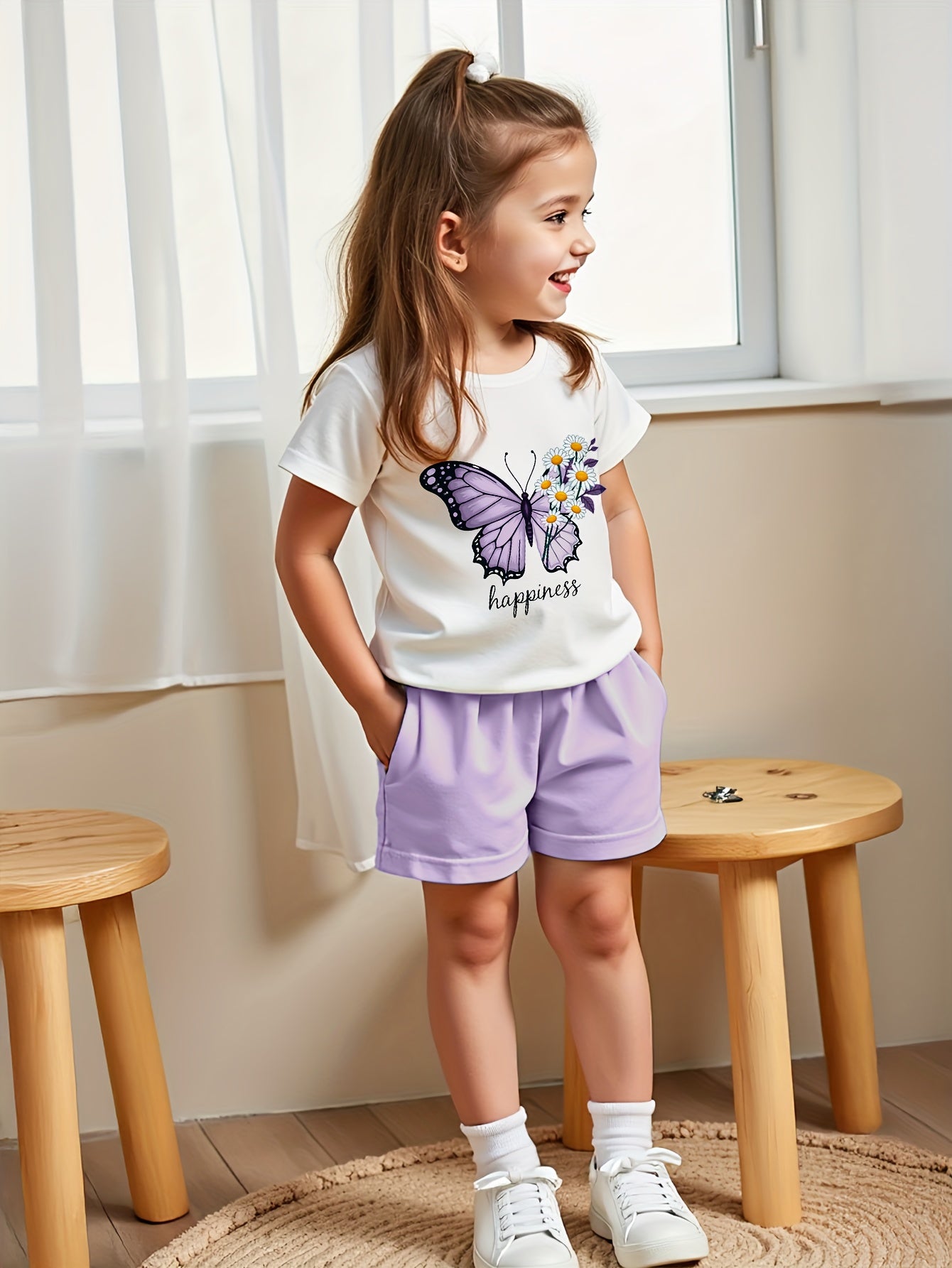 2pcs Set Summer Casual Short Sleeve Crew Neck Polyester T-Shirt Tops and Shorts for Kids, for Outdoor