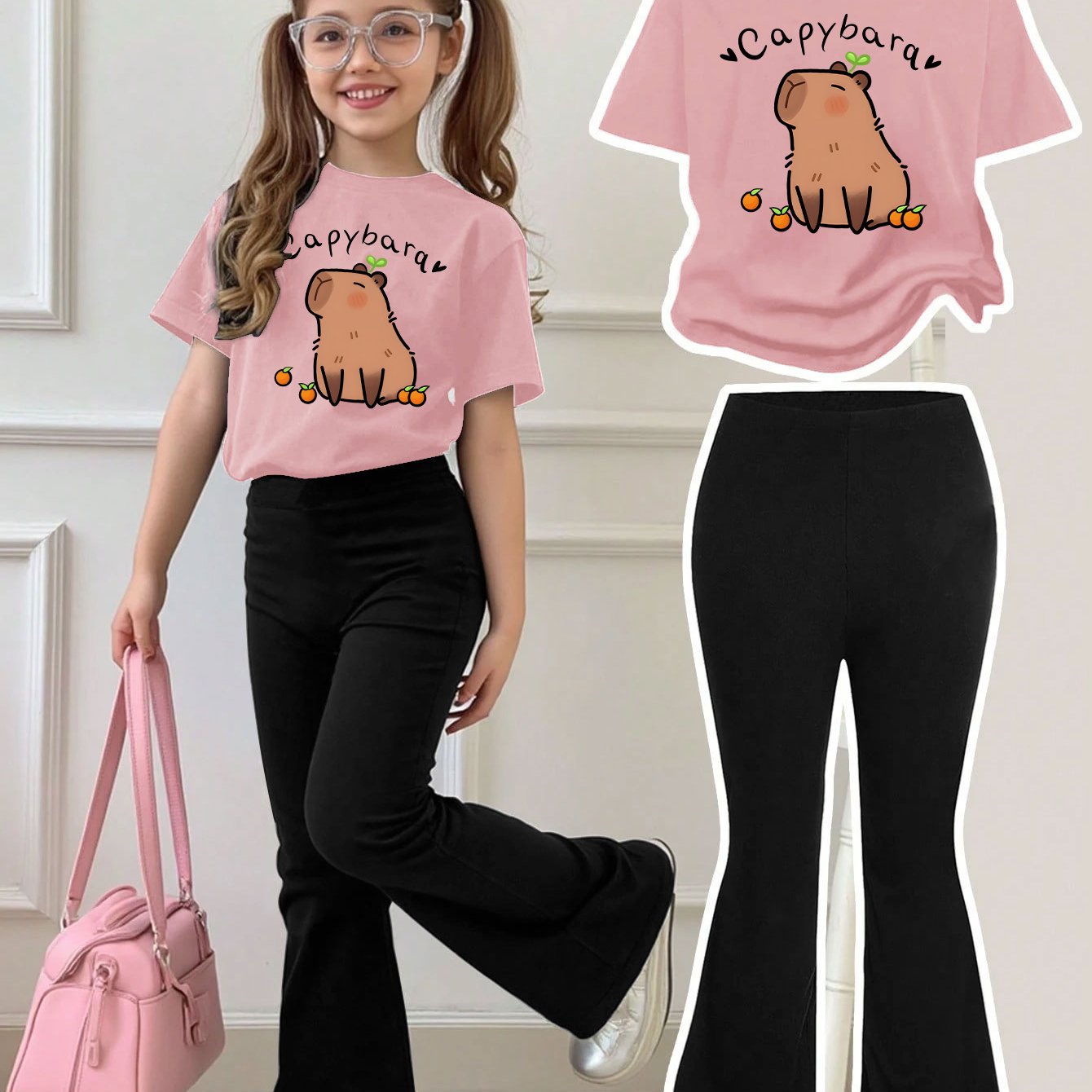 Girls Summer Breathable And Comfortable Fashion Casual Suit Capibara Print Round Neck Short-Sleeved T-Shirt + Flared Trousers Two-Piece Suit for Outdoor