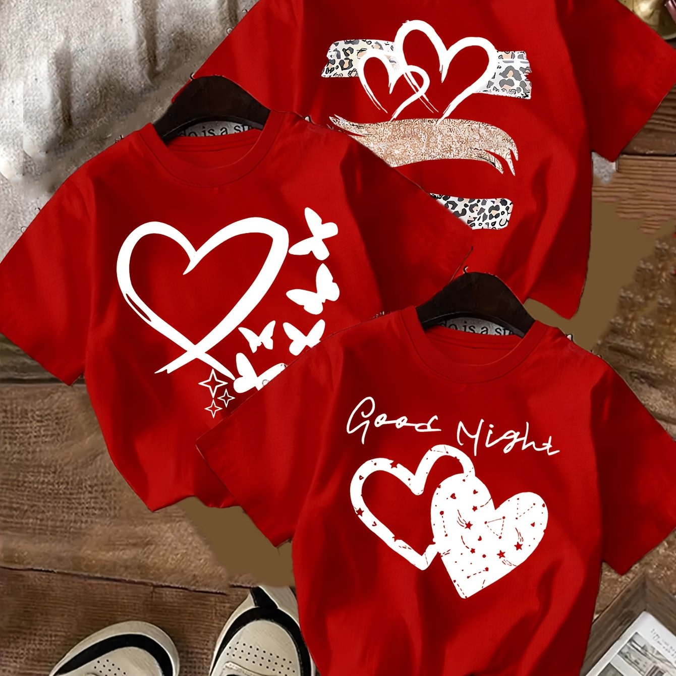 3pcs Love Print Summer Casual T-Shirts for Girls