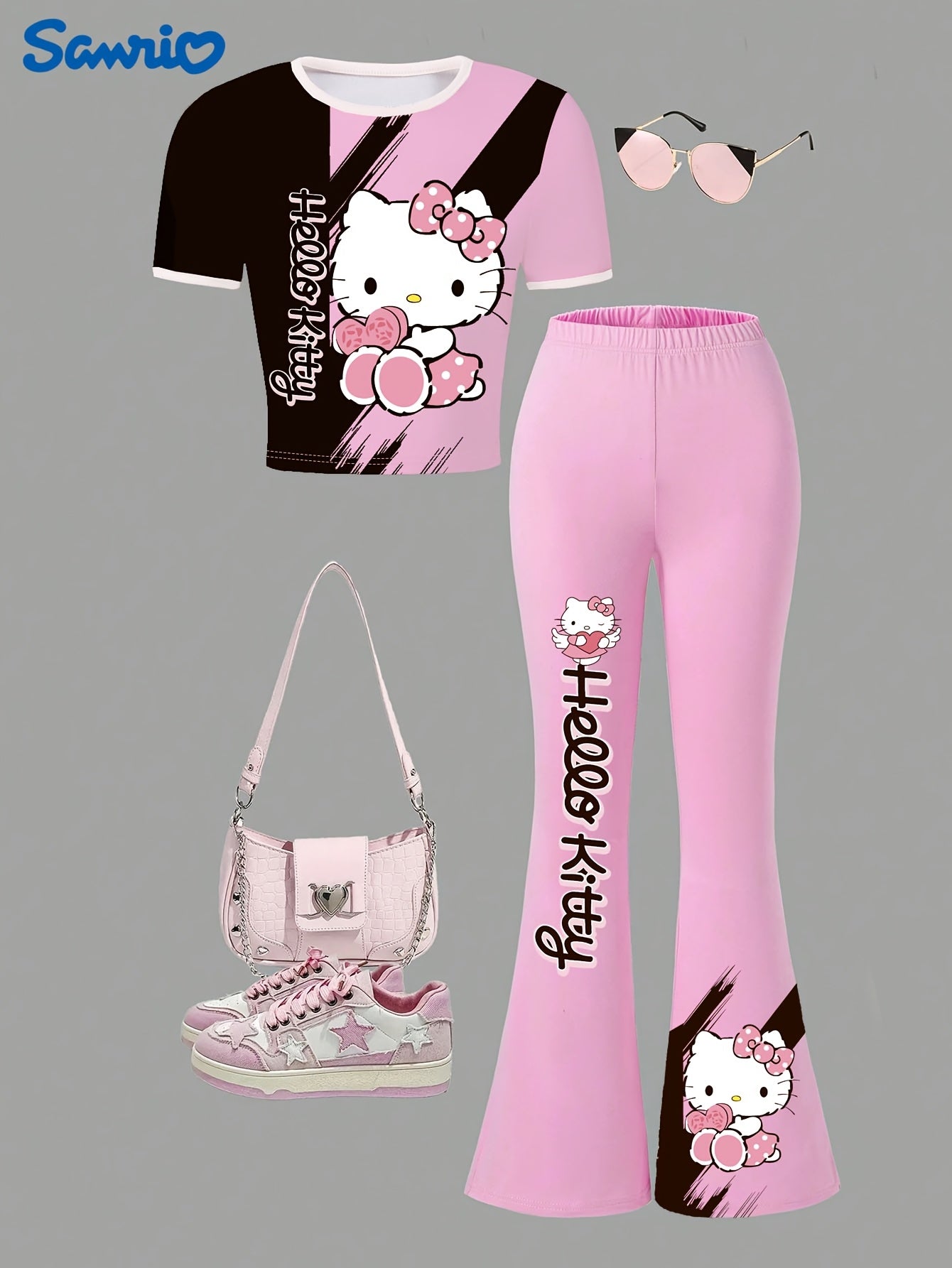 Ku'luo'm Girls' Two-Piece Set: Short Sleeve Heart & Bow Print Top + Flared Pants - Pink with White & Black Accents, Casual Summer Outfit for Youngsters, Cute Outfit|Playful Design|Stretchy Fabri, for Outdoor
