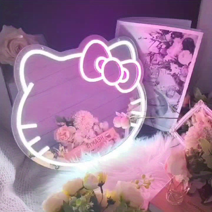 1pc Hello Kitty Cartoon Oval LED Neon Light Mirror, USB Powered Horizontal Wall Mirror with Plastic Frame, Dimmable for Bedroom, Locker, Living Room, Kids Room, Hallway - Glowing Decoration
