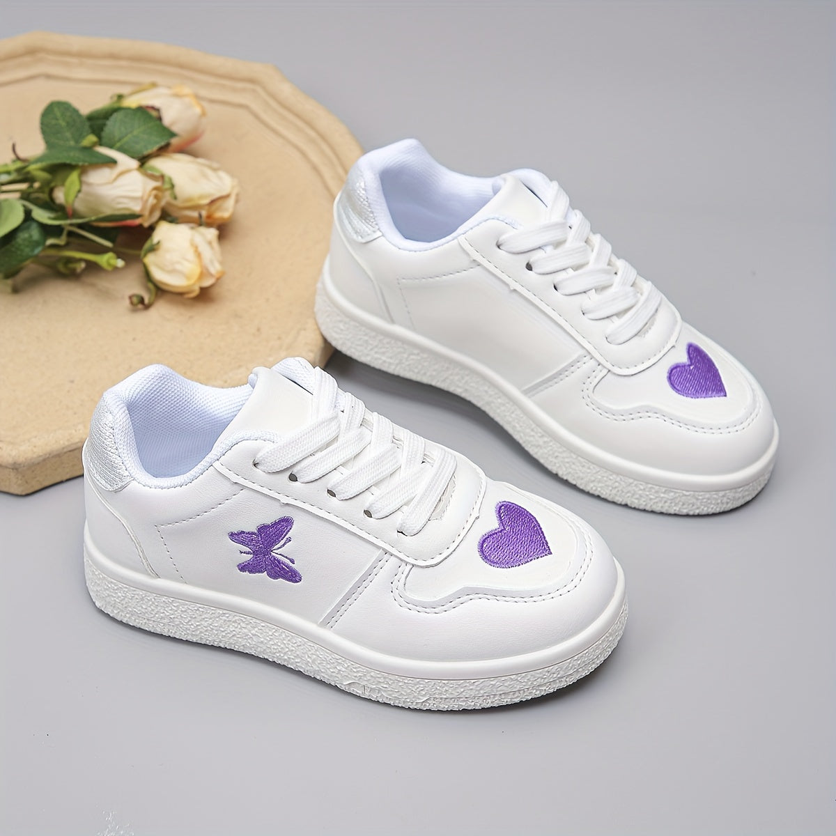The New White Sneakers Are Versatile, Featuring Hearts And Butterflies.