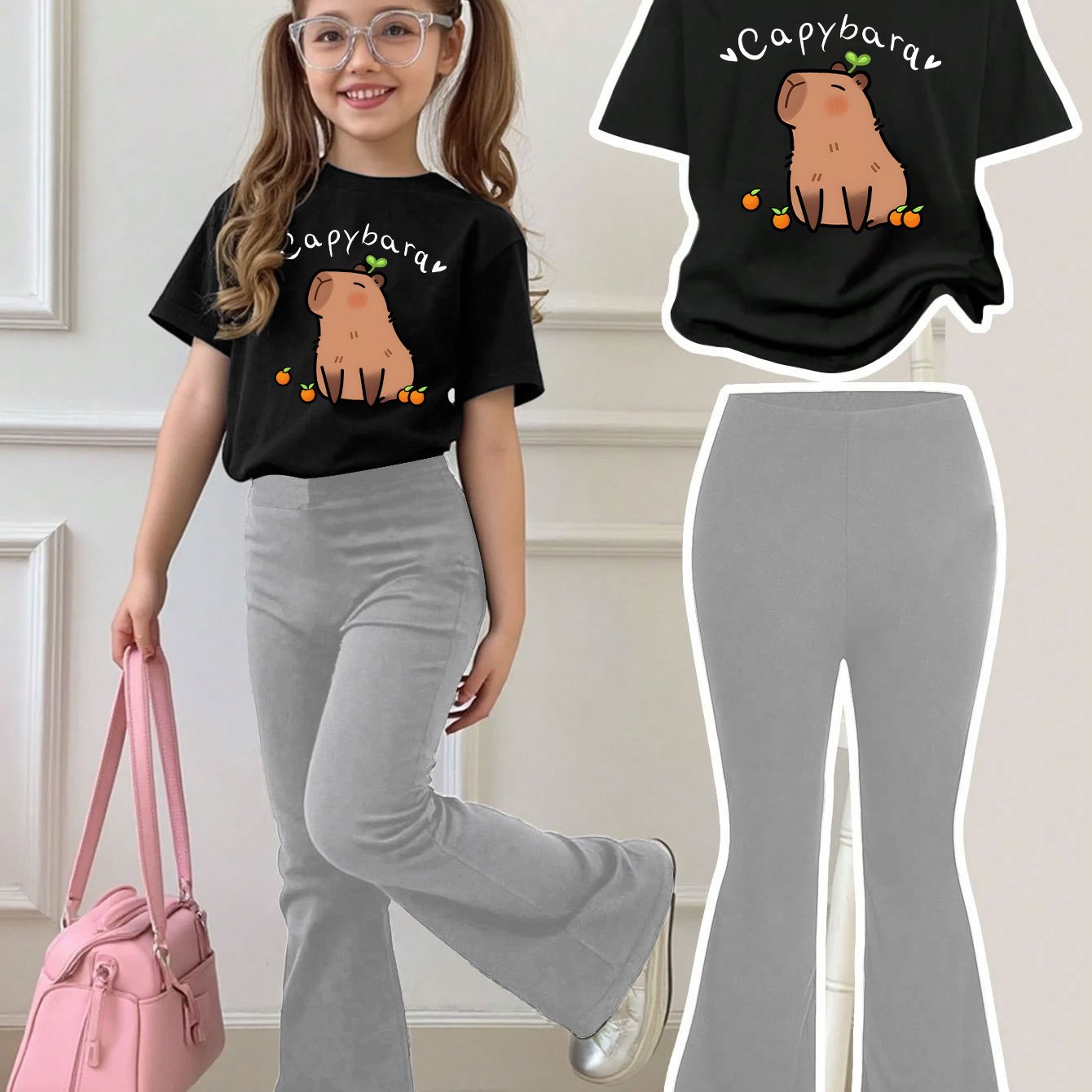 Girls Summer Breathable And Comfortable Fashion Casual Suit Capibara Print Round Neck Short-Sleeved T-Shirt + Flared Trousers Two-Piece Suit for Outdoor
