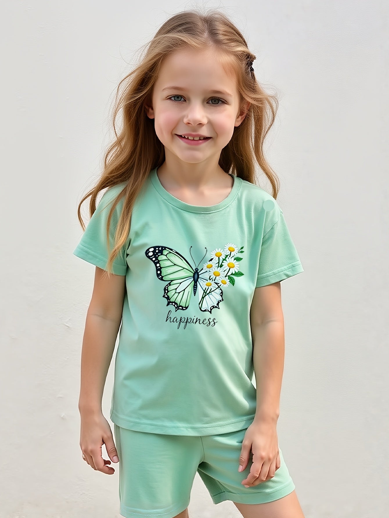 2pcs Set Summer Casual Short Sleeve Crew Neck Polyester T-Shirt Tops and Shorts for Kids, for Outdoor