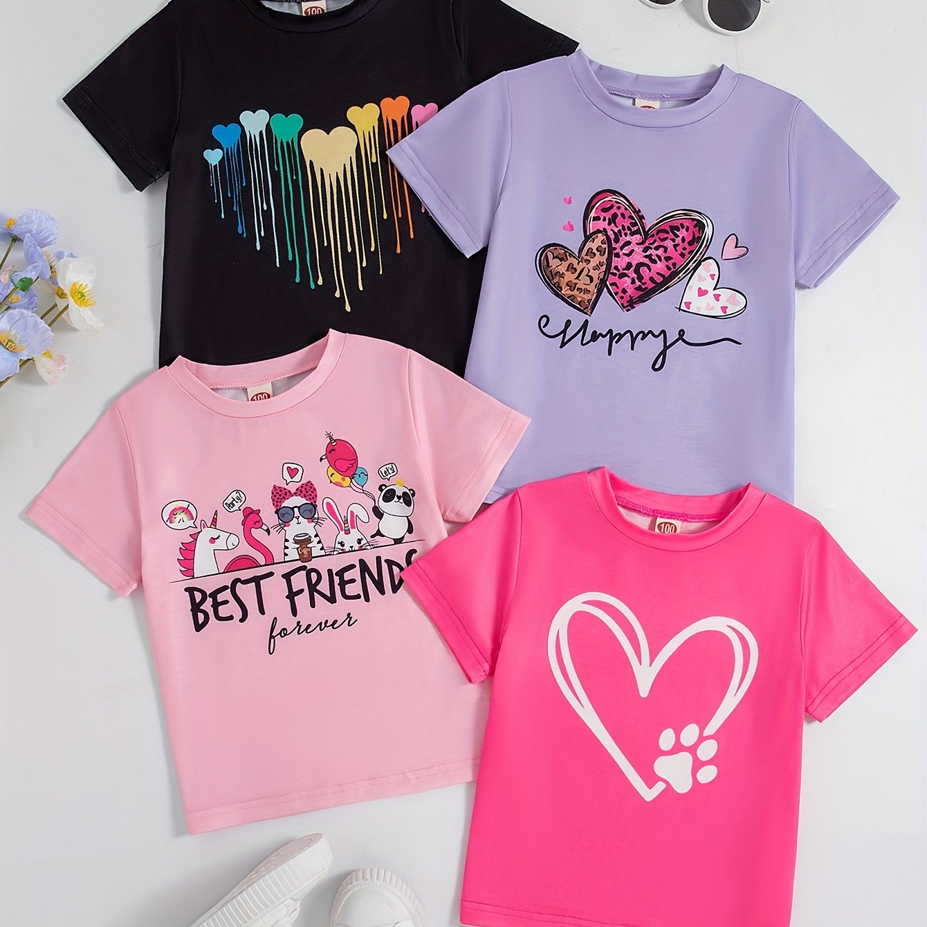 4pcs Girls' Summer Casual T-Shirts - Cute Heart, Cartoon & Letter Print, Soft Polyester Blend, Short Sleeve, Round Neck, Regular Fit - Black, Purple, Pink, White, Summer T Shirts