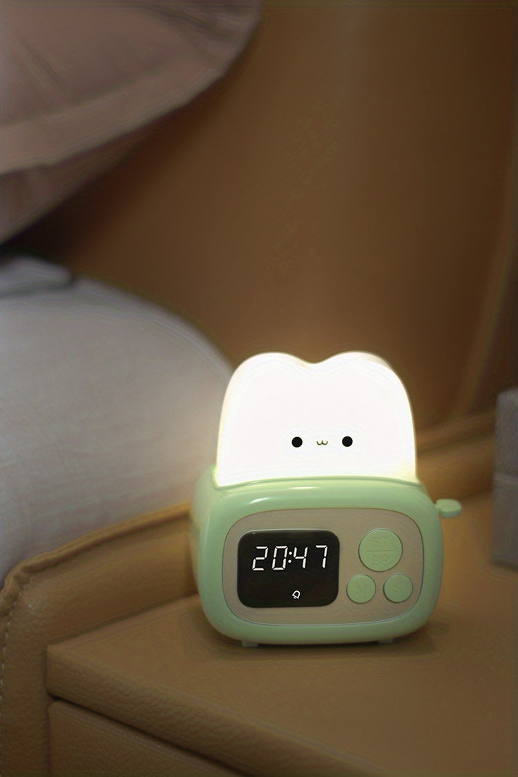 QANYI Modern Freestanding Bedside Alarm Clock Night Light, Adjustable Soft Light, USB Rechargeable Lithium Battery, Button Control, Plastic Shade, for Bedroom Tabletop Use