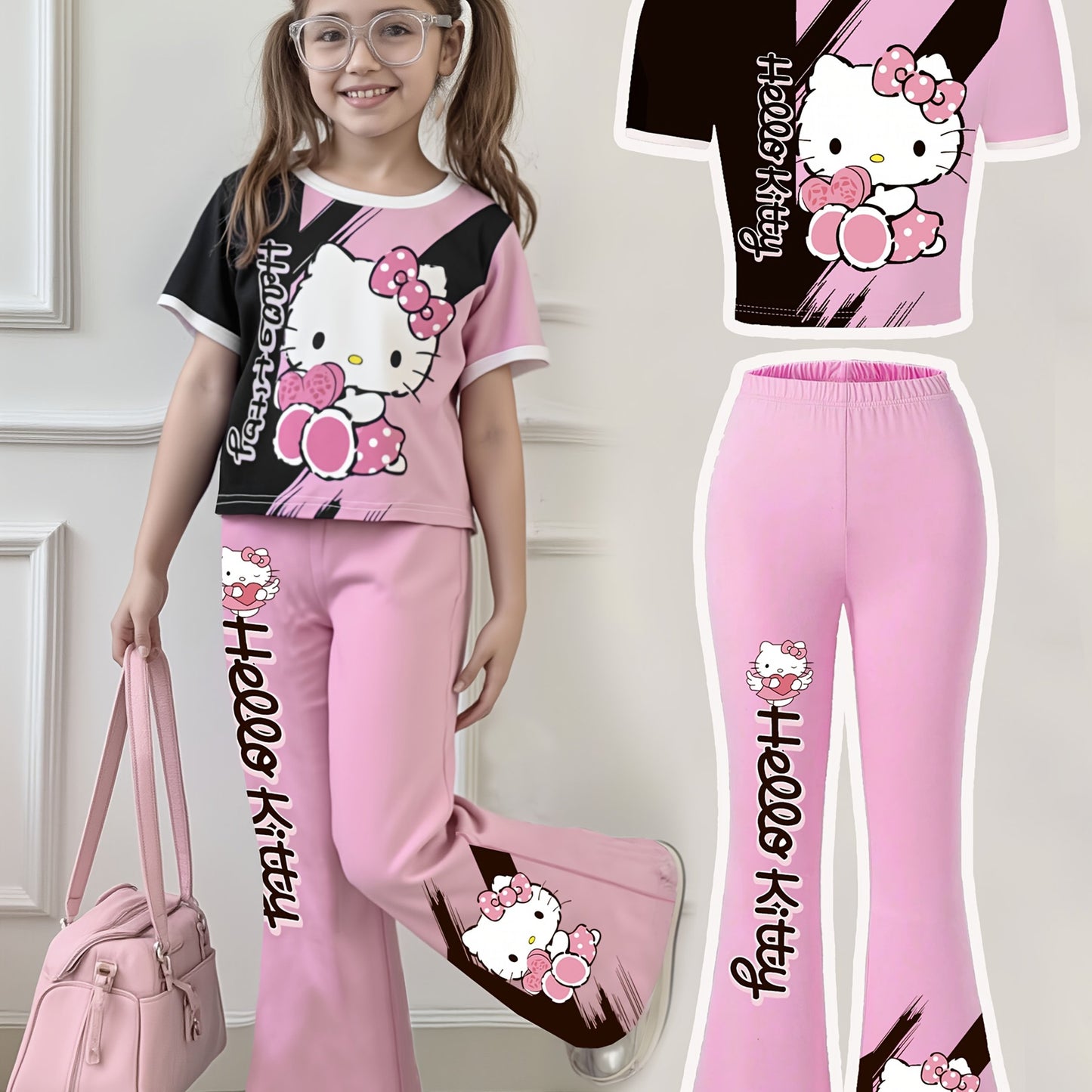 Ku'luo'm Girls' Two-Piece Set: Short Sleeve Heart & Bow Print Top + Flared Pants - Pink with White & Black Accents, Casual Summer Outfit for Youngsters, Cute Outfit|Playful Design|Stretchy Fabri, for Outdoor
