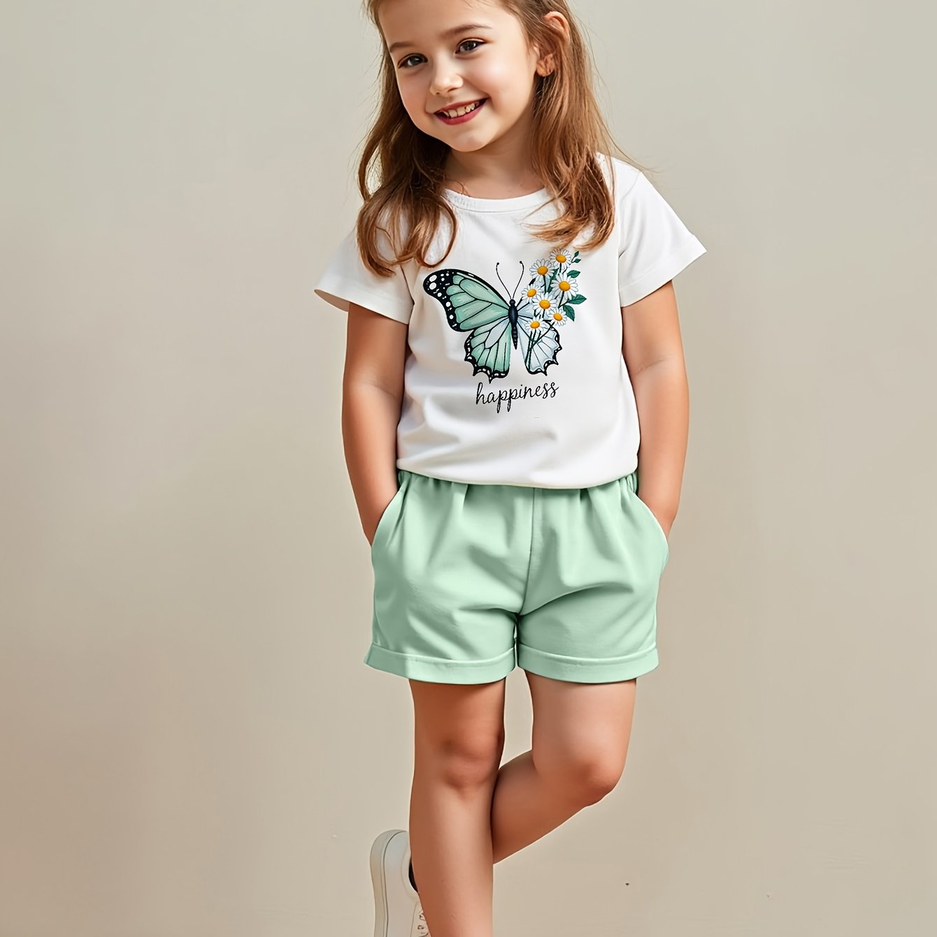 2pcs Set Summer Casual Short Sleeve Crew Neck Polyester T-Shirt Tops and Shorts for Kids, for Outdoor