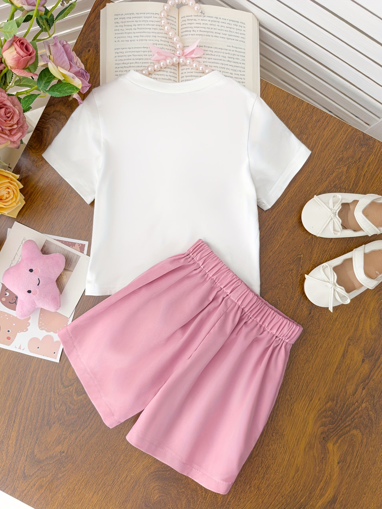 Girls' New Summer Fashion Round Neck Kitten Pattern 3D Bow T-Shirt Top + Bow Half Skirt Shorts Two-Piece Set Cute Style, Perfect for Outdoor