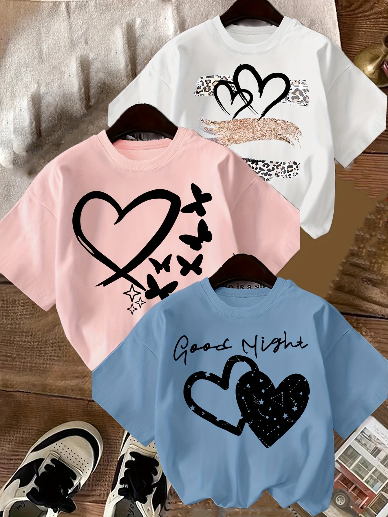 3pcs Love Print Summer Casual T-Shirts for Girls