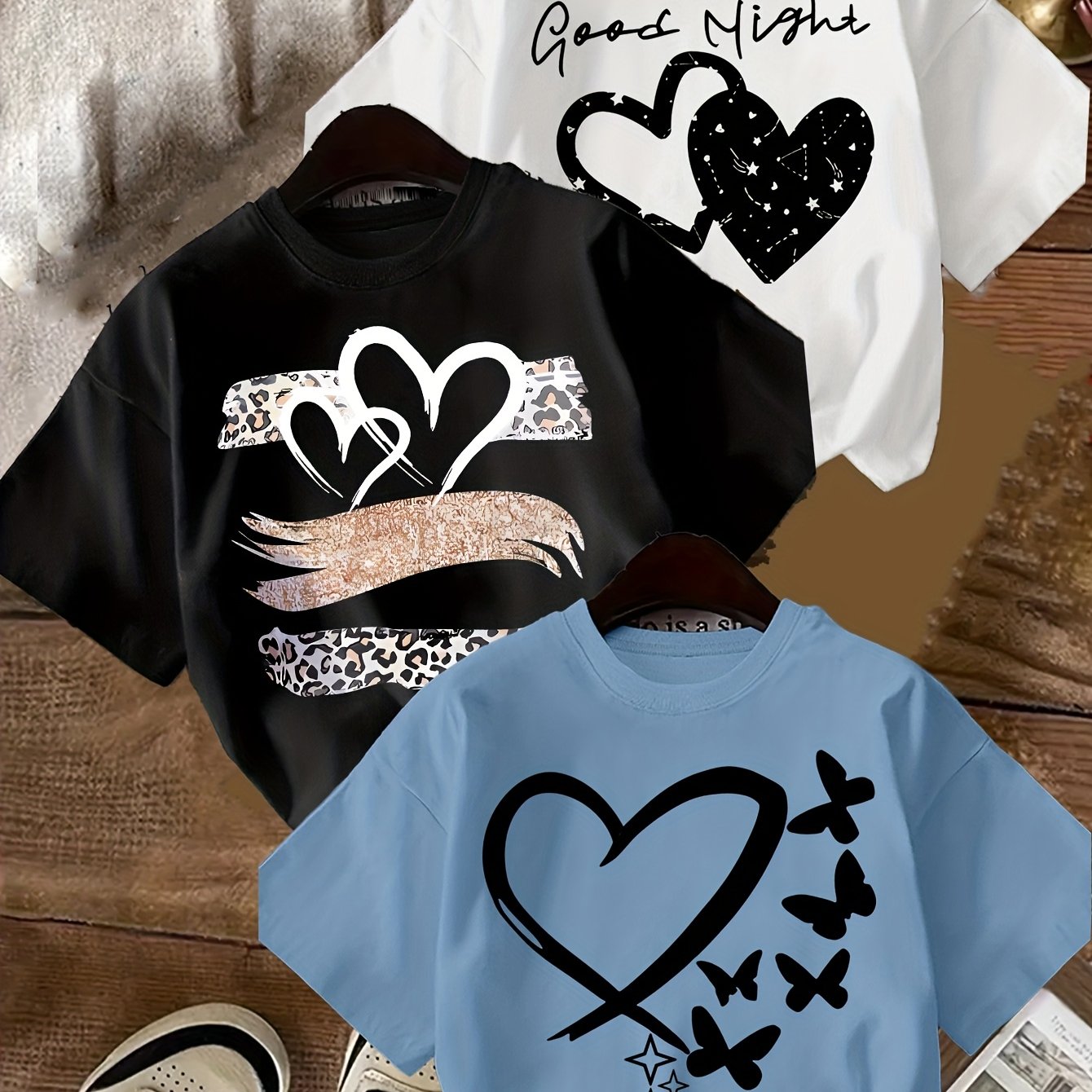 3pcs Love Print Summer Casual T-Shirts for Girls