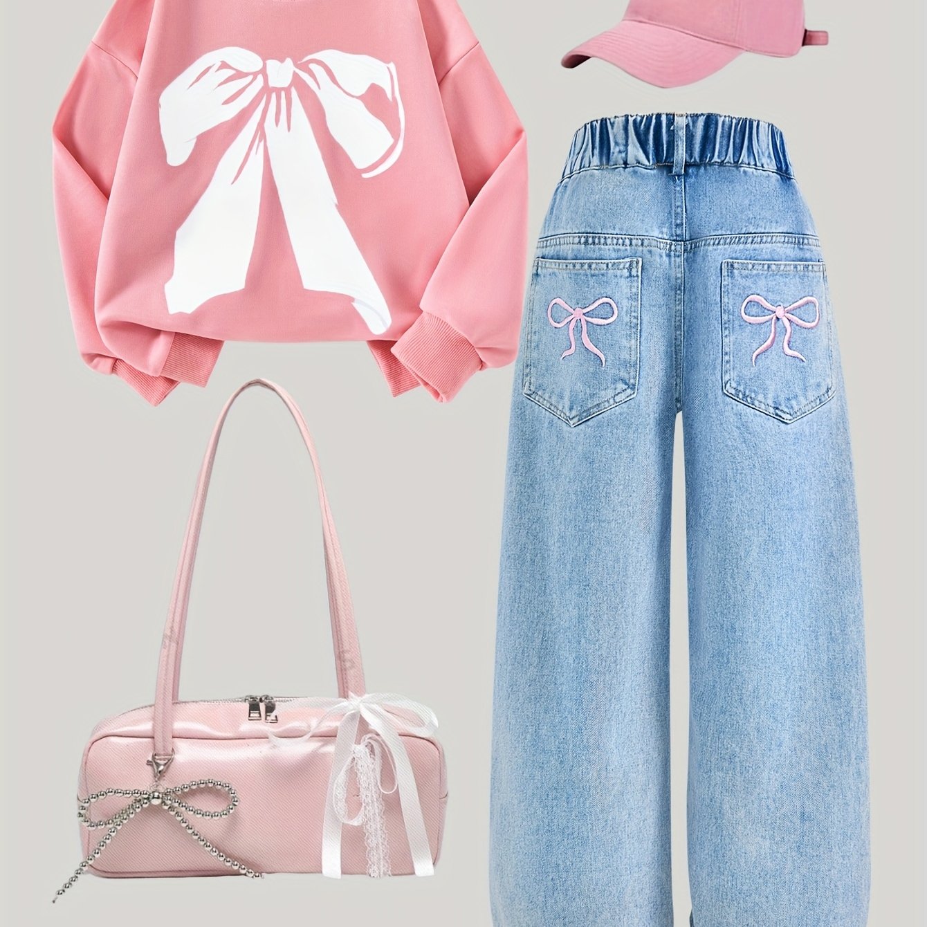A Outfit Set, Featuring a Stylish Hoodie with a Butterfly Pattern And Embroidered Jeans with a Bow, Embodies Street Fashion And Casual Style, Suitable for All Seasons, Providing a Comfortable Fit for Various Occasions, for Ou