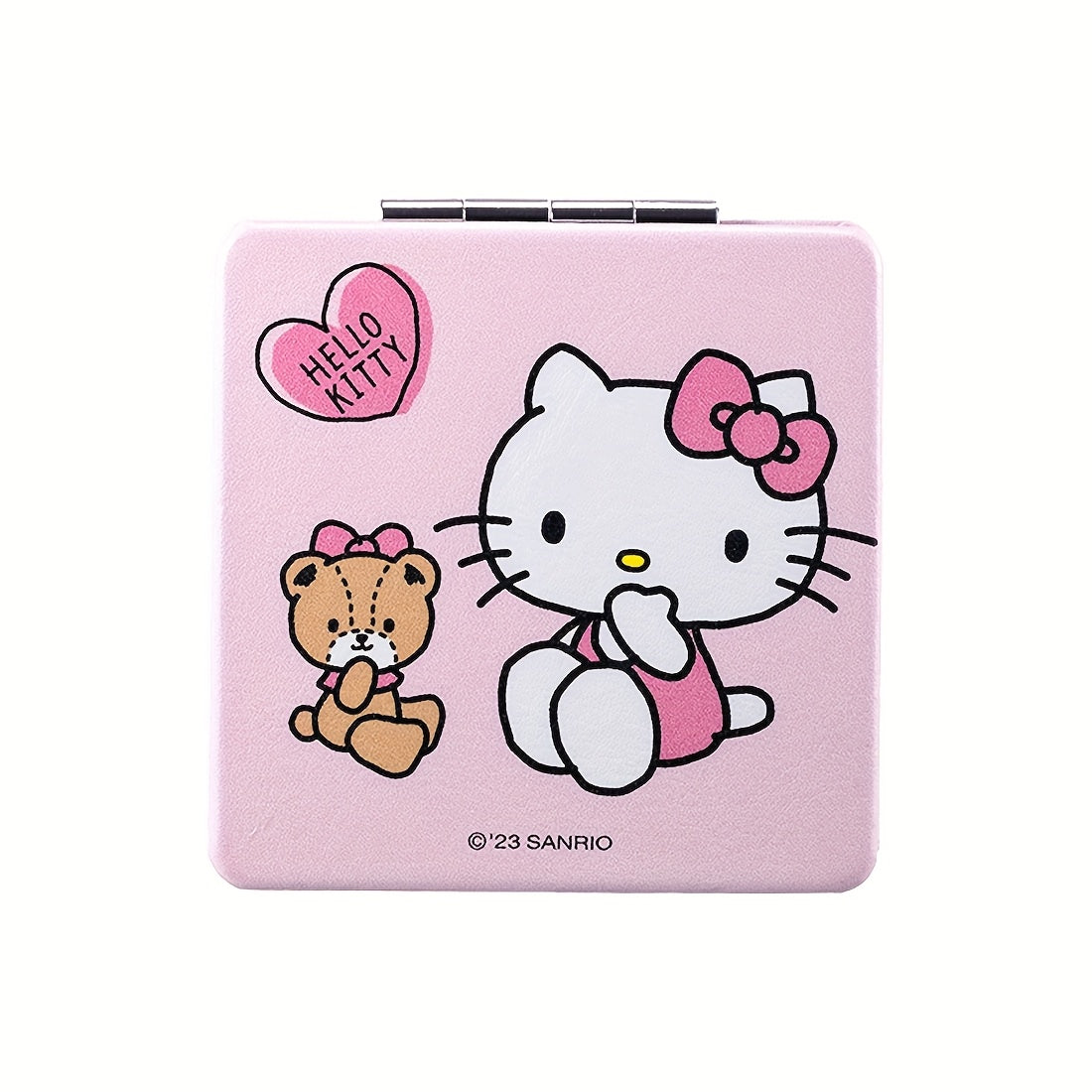 MINISO Hello Kitty Double-Sided Pink Striped Folding Mirror - Portable Square Travel Makeup Mirror with Cute Cartoon Design, Teddy Bear & Hearts, Durable Plastic Compact for On-the-Go, Playful Aesthetic