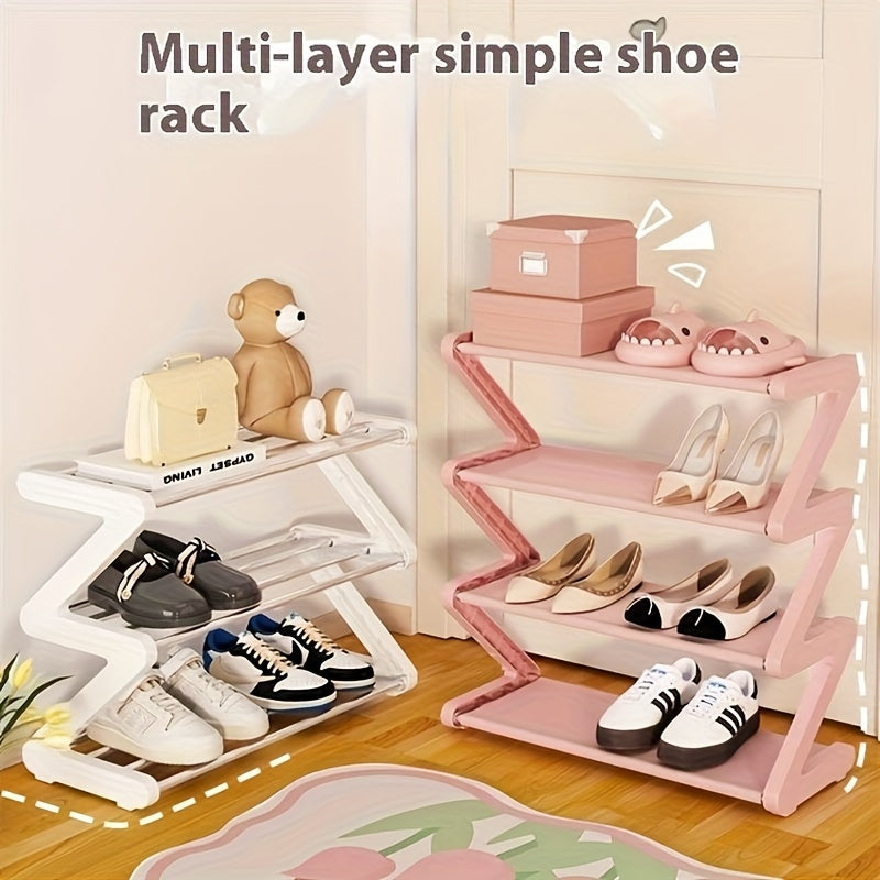 4-Tier Z-Shaped Shoe Rack, Durable Plastic Freestanding Storage Box with Curved Design, Easy-to-Assemble Floor Standing Organizer Suitable for Living Room or Dormitory, No Tools Required, Stackable and Space-Saving, Shoe Stor