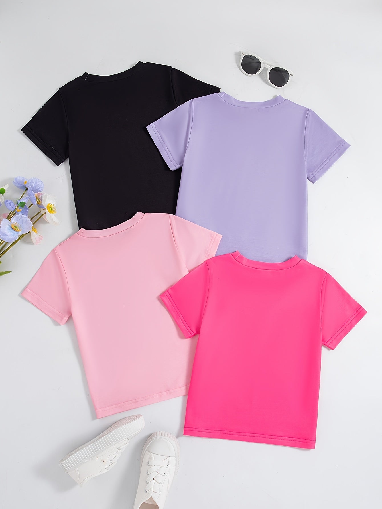 4pcs Girls' Summer Casual T-Shirts - Cute Heart, Cartoon & Letter Print, Soft Polyester Blend, Short Sleeve, Round Neck, Regular Fit - Black, Purple, Pink, White, Summer T Shirts