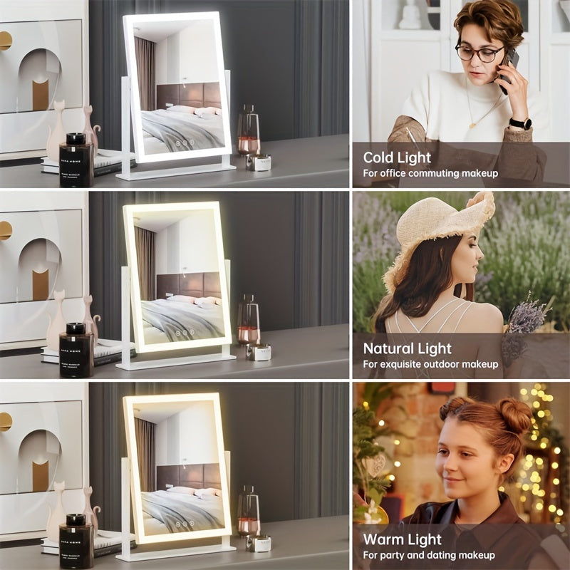 Niuphia Lighted Makeup Mirror, Adjustable LED Lighting, USB Powered, 5000Mah Rechargeable Battery, Touch Control, 360° Swivel, Polished Metal Frame.