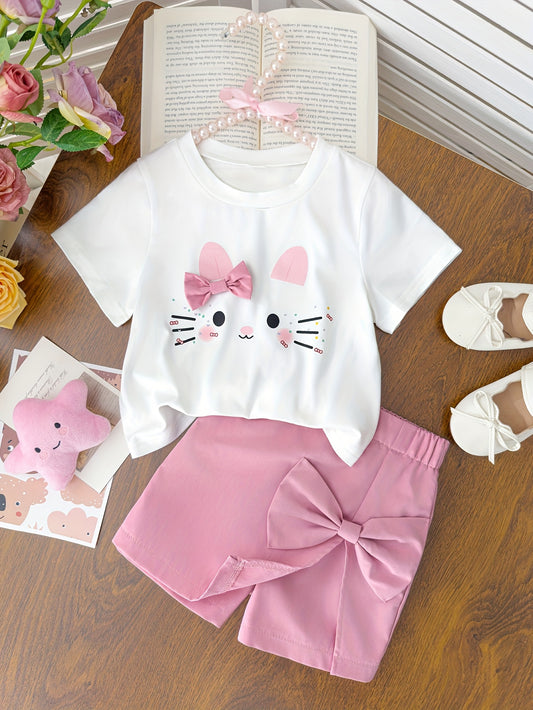 Girls' New Summer Fashion Round Neck Kitten Pattern 3D Bow T-Shirt Top + Bow Half Skirt Shorts Two-Piece Set Cute Style, Perfect for Outdoor