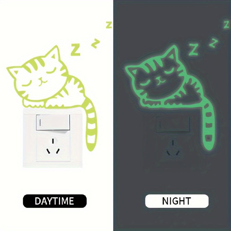 Glow-in-the-Dark Cat Wall Stickers - Removable Vinyl Decals for Light Switch, Creative Home Decor in Blue & Green, Adds Whimsical Touch to Living Room or Bedroom, Playful Room Decor | Whimsical Cat Design | Removable Sticker