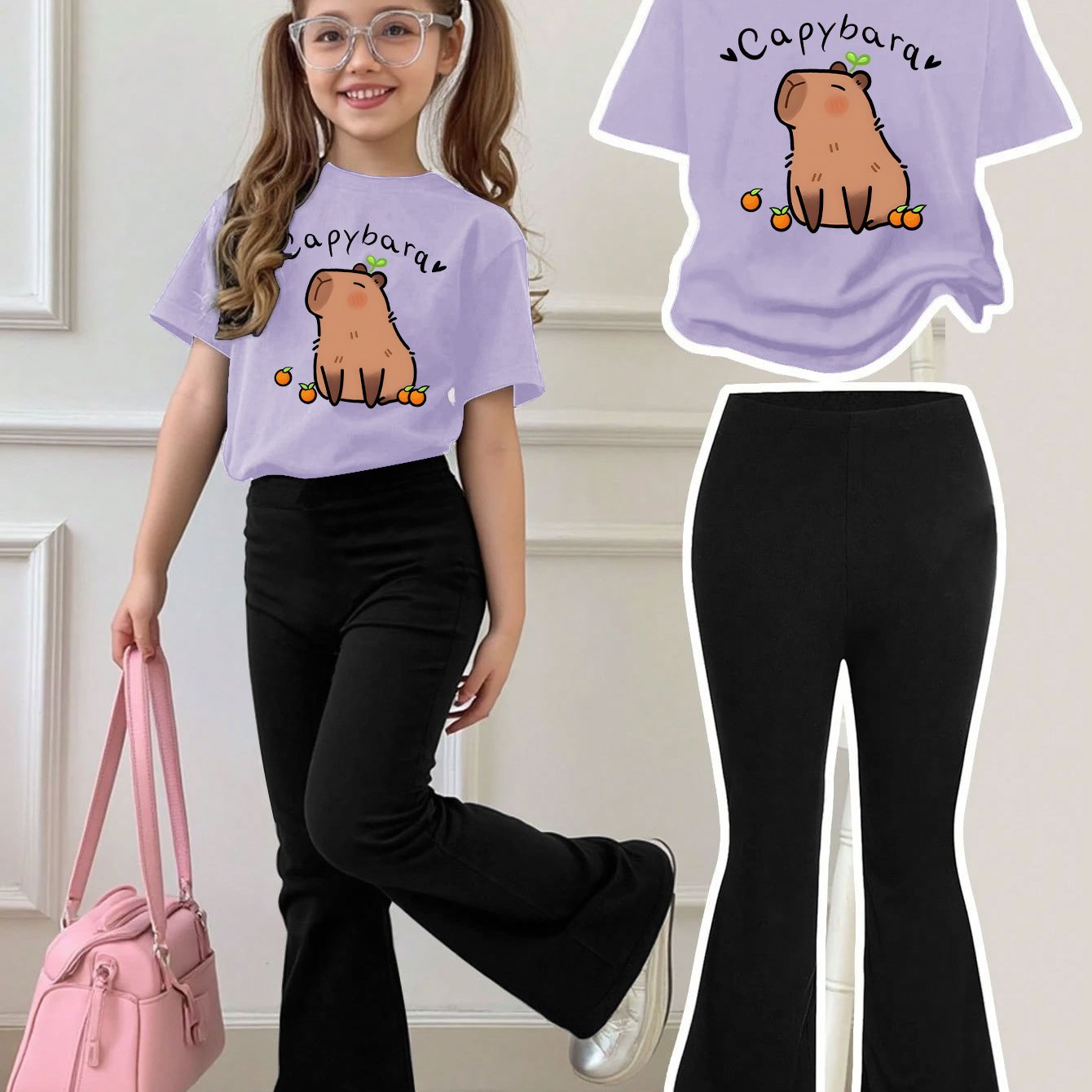 Girls Summer Breathable And Comfortable Fashion Casual Suit Capibara Print Round Neck Short-Sleeved T-Shirt + Flared Trousers Two-Piece Suit for Outdoor