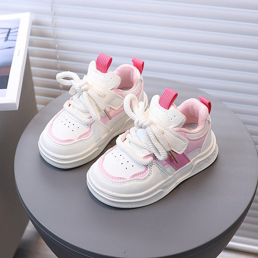 [Playful Charm] All-Season White Sneakers for Boys & Girls: Durable, Versatile Indoor/Outdoor Shoes with Hook-and-loop Closure, Low-Top Design, and Comfortable Fabric Lining