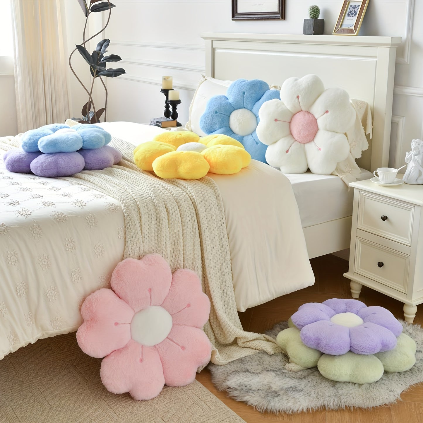 Soft Plush Daisy Flower Cushion – Cozy Pink Polyester Throw Pillow with Cute Petal Design, Perfect for Beds, Sofas, and Home Decor Gifts, Cute Pillows