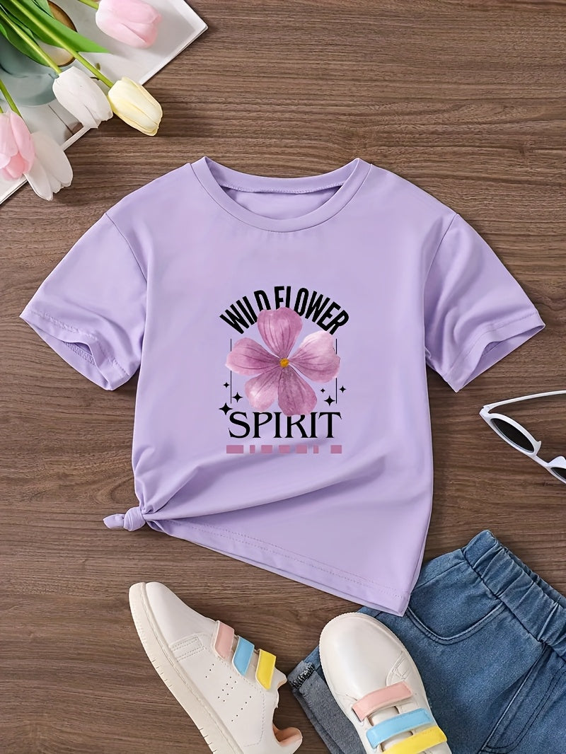 Spring And Summer Short-Sleeve Top for Girls, Featuring a Simple Sporty, Casual, And Comfortable Style with a Five-Petal Purple Flower And Letter Pattern Print
