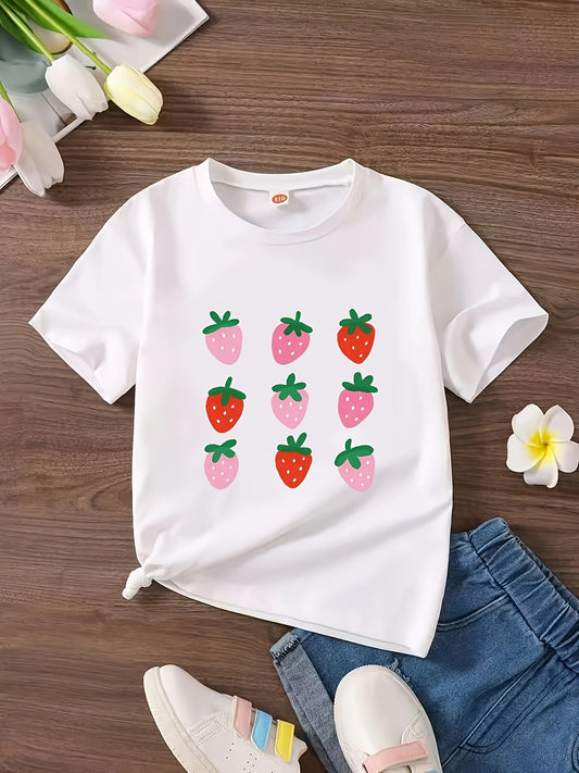 Women'S Casual Strawberry Print T-Shirt - Soft, Stretchy Knit Top with Round Neck, Short Sleeve, Spring/Summer/Fall Style, Comfortable Fit, Casual Wear | Playful Print Top | Comfortable Fit Top, Strawberry Top