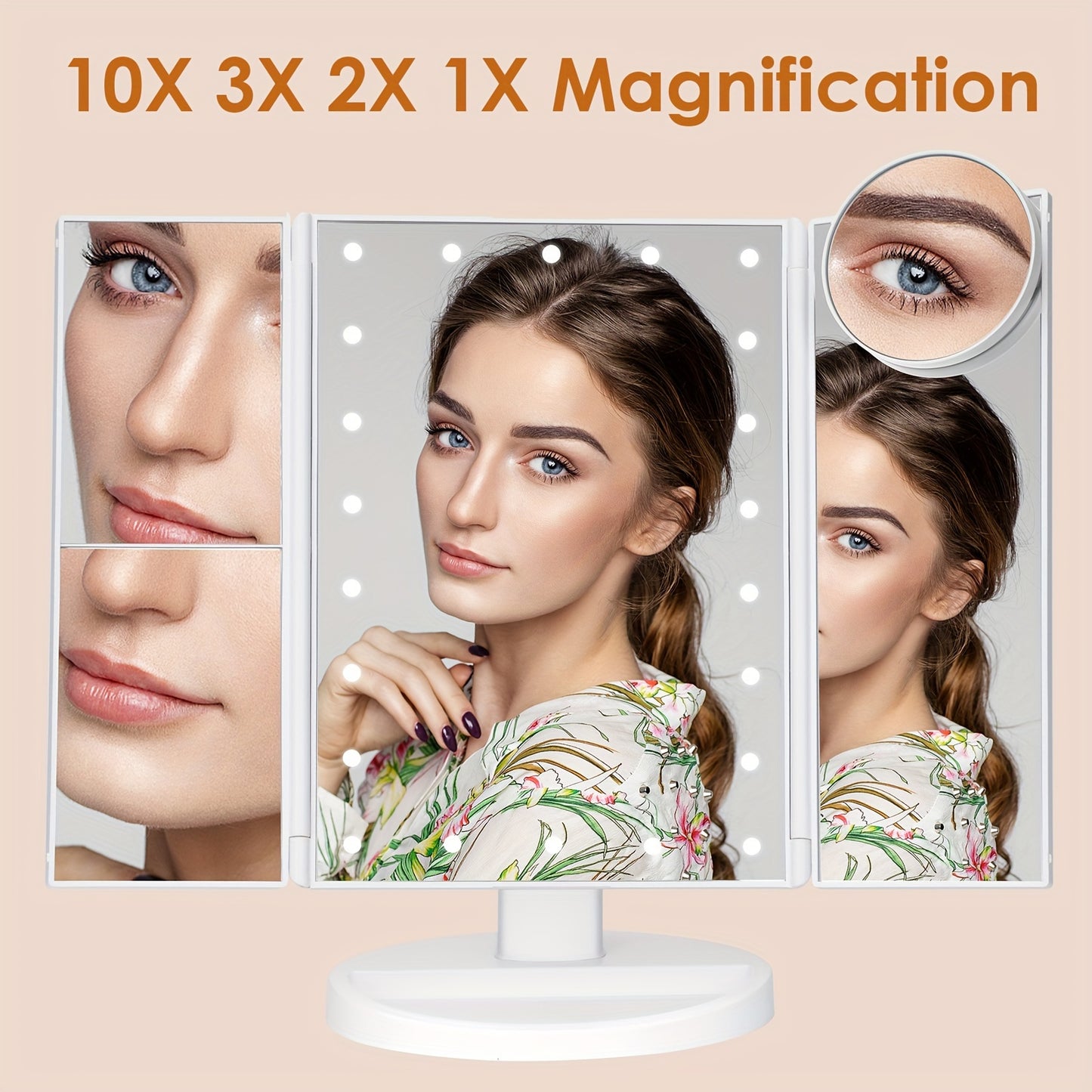 LED Trifold Mirror with Magnifying Mirror, Lighted Cosmetic Mirror Dressing Mirror, Bathroom Adjustable Brightness Mirror, 1X/2X/3X/10X Magnification And Touch Screen Trifold Cosmetic Mirror, Two Power Modes