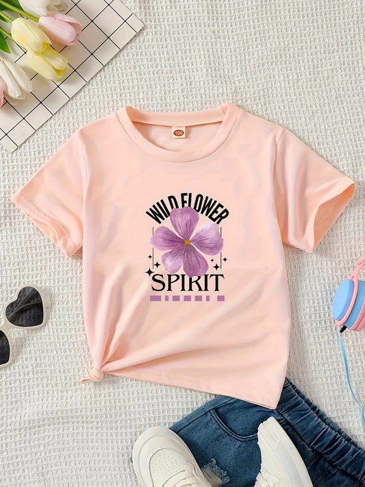 Spring And Summer Short-Sleeve Top for Girls, Featuring a Simple Sporty, Casual, And Comfortable Style with a Five-Petal Purple Flower And Letter Pattern Print