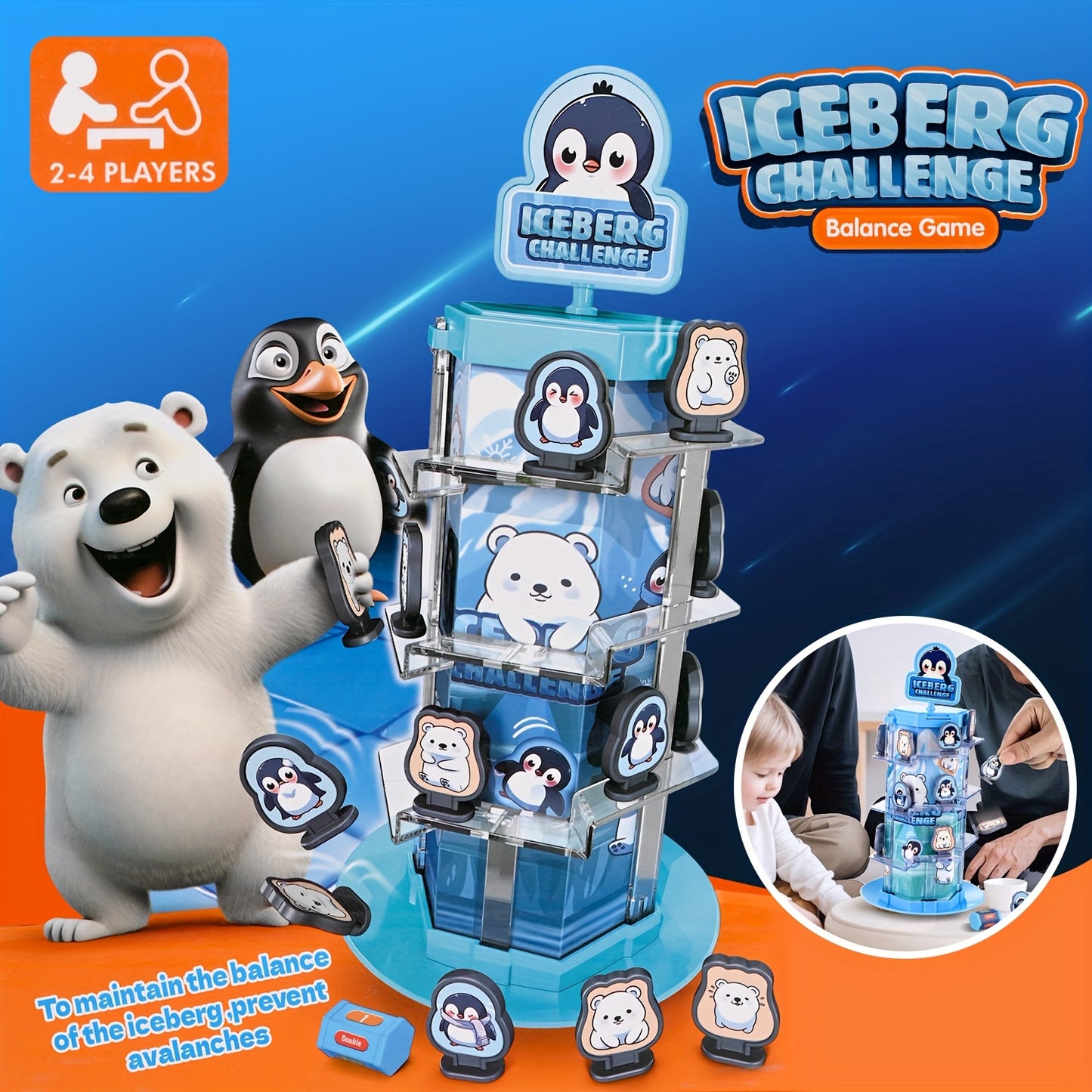 CalmCircuit Penguin Bear Balance Tower Toy - 2-Player Interactive Educational Game for Critical Thinking, Stack Attack Board Game with Snow Theme, Portable Travel & Party Fun for Family Game Nights (White/Blue/Transparent), I