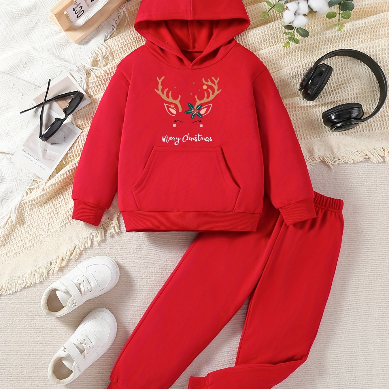 Girls' Festive Christmas Antler & Letter Print Sweatshirt and Joggers Set - Casual, Non-Stretch Polyester, Machine Washable - Perfect for Fall/Winter, Perfect for Outdoor
