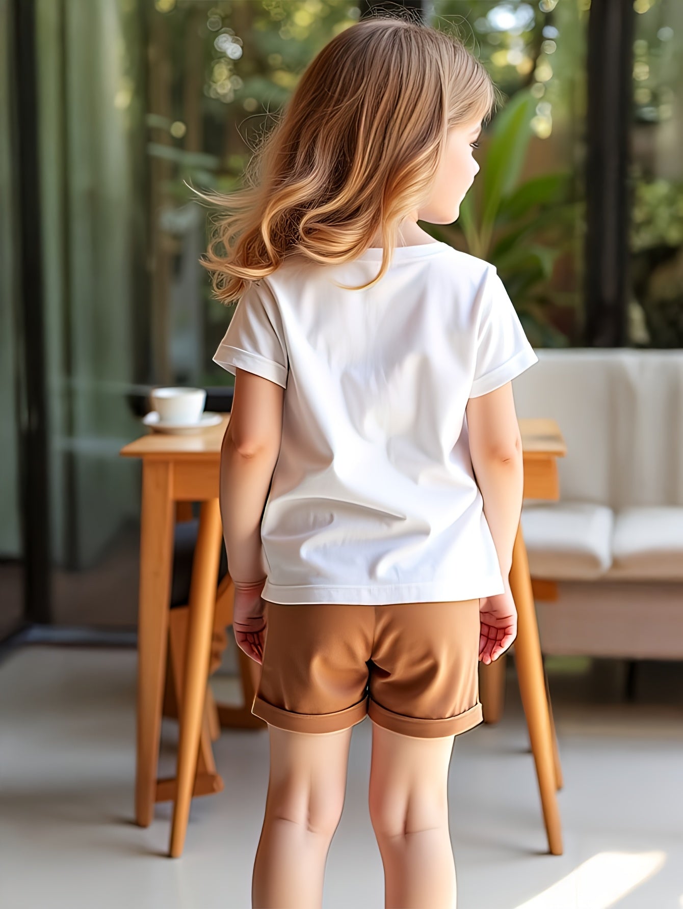 2pcs set of fashionable and comfortable summer suits for girls, regular round-neck short-sleeved top with love leopard print pattern + elastic waist plain shorts, girl's vacation foreign style versatile children's clothing, y