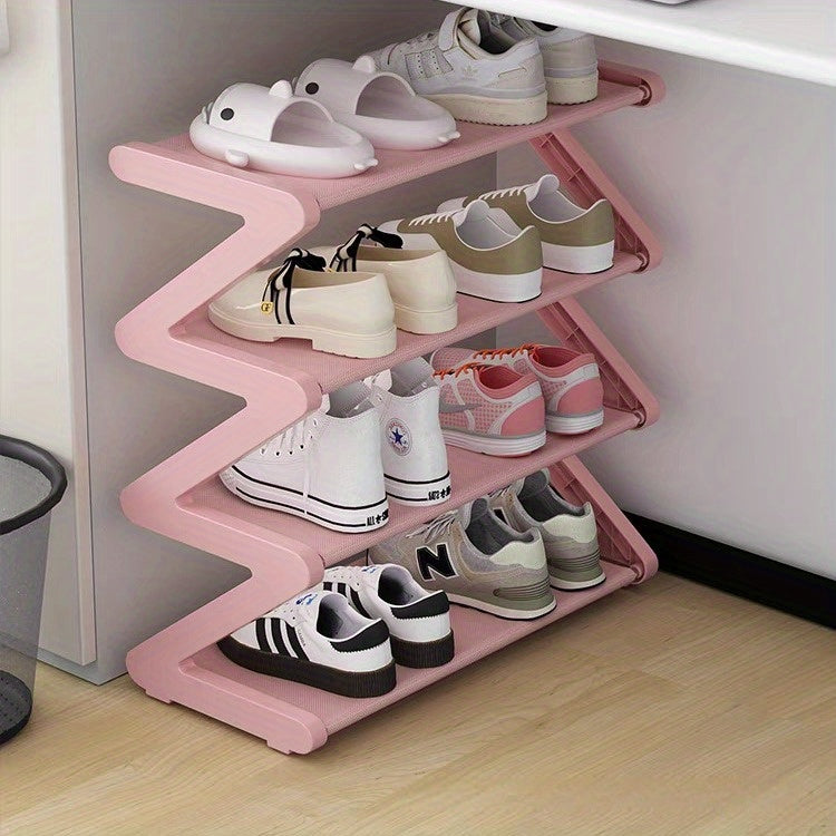 4-Tier Z-Shaped Shoe Rack, Durable Plastic Freestanding Storage Box with Curved Design, Easy-to-Assemble Floor Standing Organizer Suitable for Living Room or Dormitory, No Tools Required, Stackable and Space-Saving, Shoe Stor