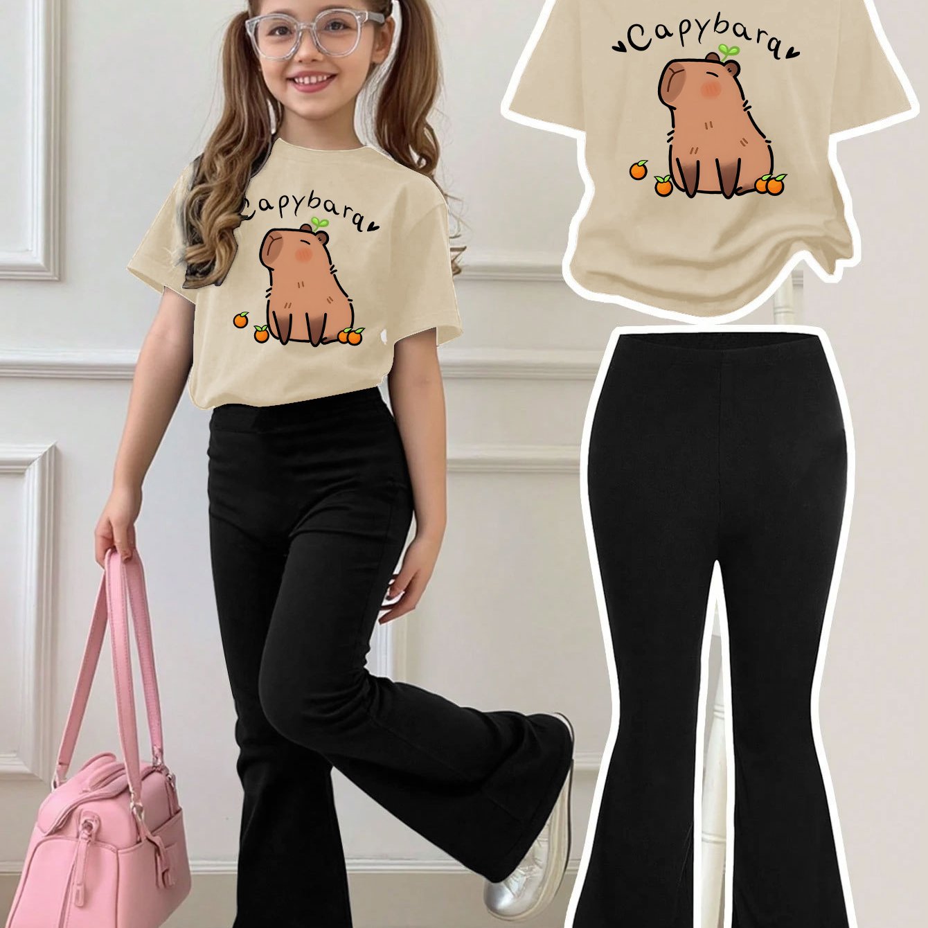 Girls Summer Breathable And Comfortable Fashion Casual Suit Capibara Print Round Neck Short-Sleeved T-Shirt + Flared Trousers Two-Piece Suit for Outdoor