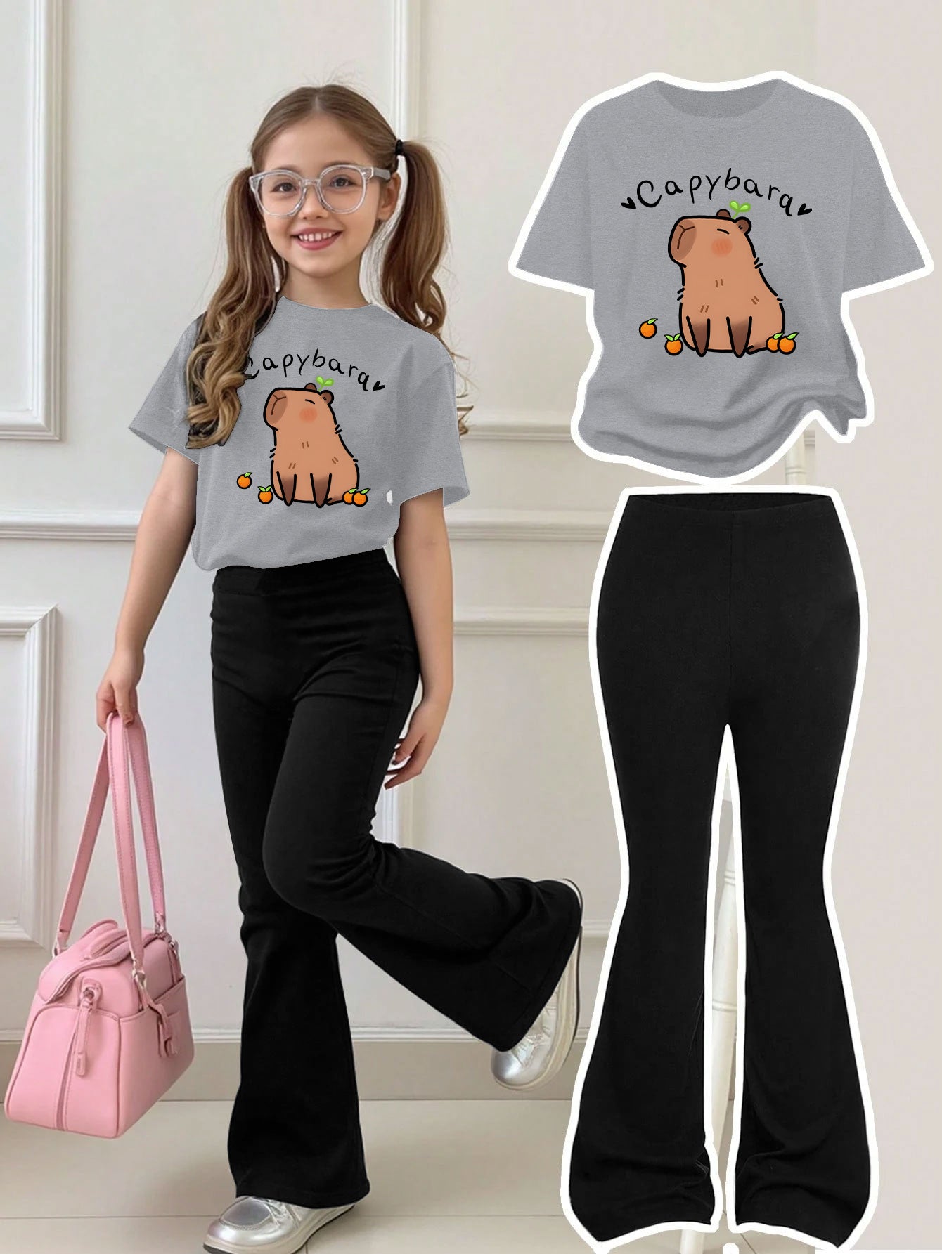 Girls Summer Breathable And Comfortable Fashion Casual Suit Capibara Print Round Neck Short-Sleeved T-Shirt + Flared Trousers Two-Piece Suit for Outdoor