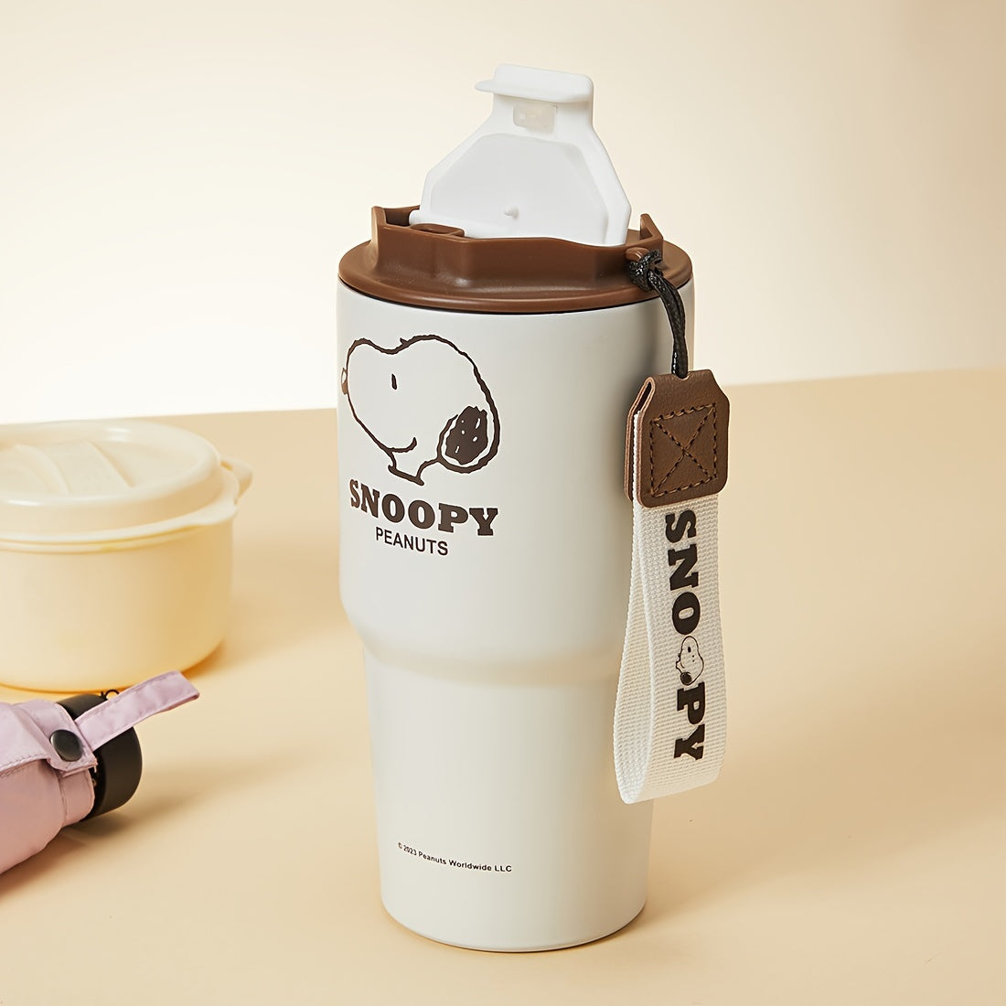 MINISO Snoopy Nuts 16.91oz Stainless Steel Travel Cup with Carrying Strap, Brown & White - Ideal for Women's Day, Valentine's, Thanksgiving, New Year, Mother's Day, Portable Coffee Cup|Themed Merchandise|Secure Lid Feature, C