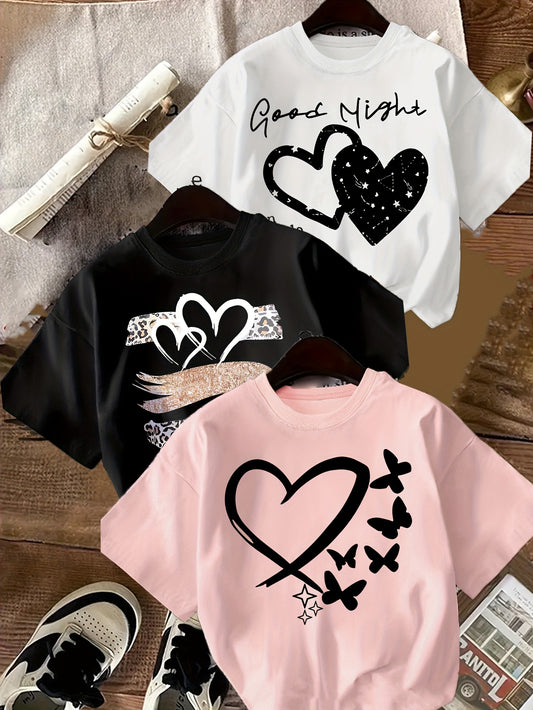 3pcs Love Print Summer Casual T-Shirts for Girls