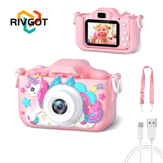 RIVGOT Youngsters' Pink Unicorn Digital Camera with Front & Rear Cameras - Rechargeable USB, IPS Screen, 400mAh Battery - Includes Photo & Video Games - Ideal for 3-12 Year Olds, Birthday & Christmas Gift, RIVGOT