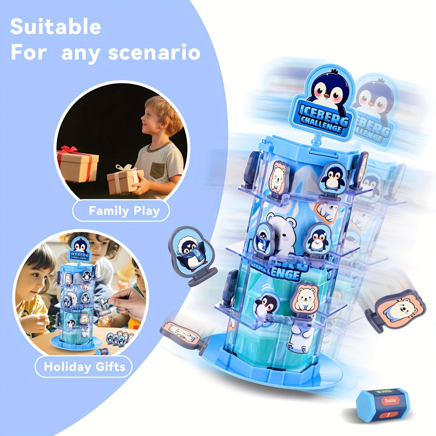 CalmCircuit Penguin Bear Balance Tower Toy - 2-Player Interactive Educational Game for Critical Thinking, Stack Attack Board Game with Snow Theme, Portable Travel & Party Fun for Family Game Nights (White/Blue/Transparent), I