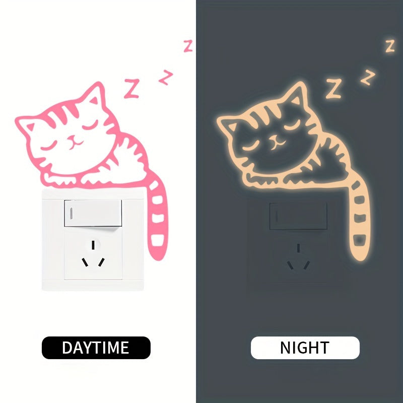 Glow-in-the-Dark Cat Wall Stickers - Removable Vinyl Decals for Light Switch, Creative Home Decor in Blue & Green, Adds Whimsical Touch to Living Room or Bedroom, Playful Room Decor | Whimsical Cat Design | Removable Sticker
