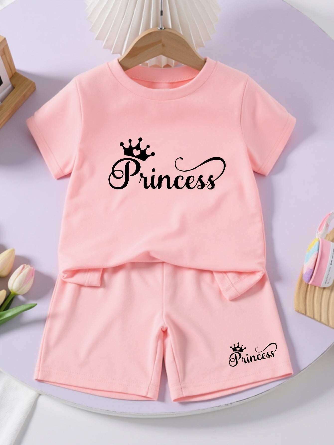 Girls' T-shirt for Medium and Small Children, Comfortable Simple Daily Sports Princess English Crown Print Round Neck Short Sleeve Shorts Casual Suit, Perfect for Outdoor